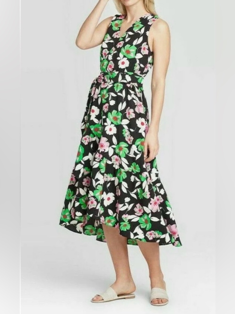 NWT Who What Wear High Low Flowy Black Green Pink Floral Wrap Sleeveless Dress